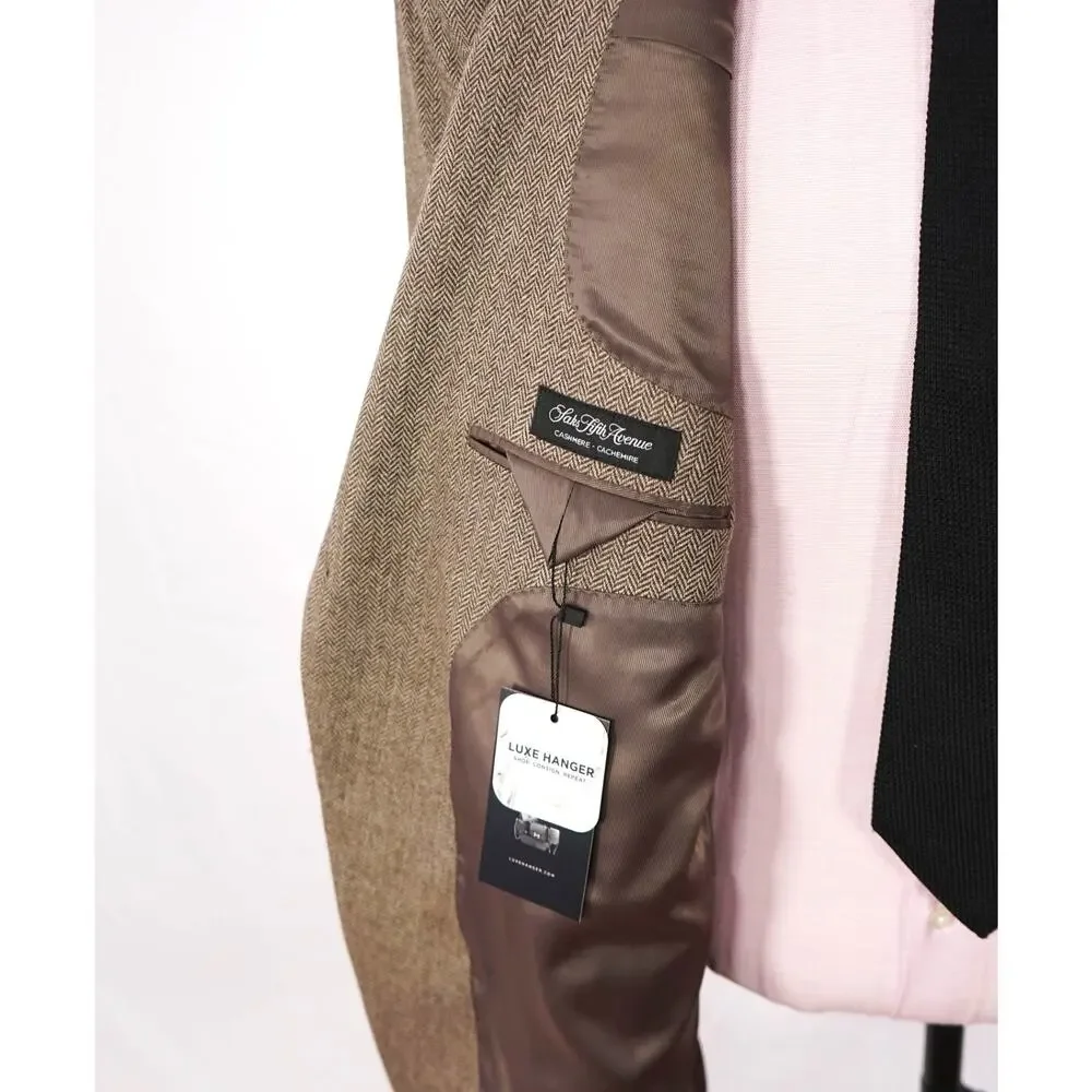 $1,295 SAKS 5TH AVE - Brown Herringbone Cashmere Blazer - 50R